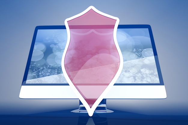 A laptop screen with a padlock icon and layers of overlapping security shields, symbolizing the importance of online security and data protection.