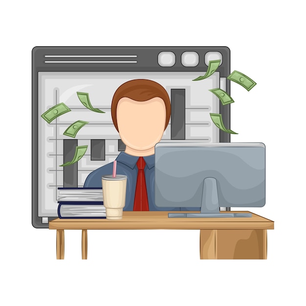 A person sitting at a desk, working on a laptop. The screen displays a personal finance app interface with a virtual financial advisor avatar, offering personalized financial advice.
