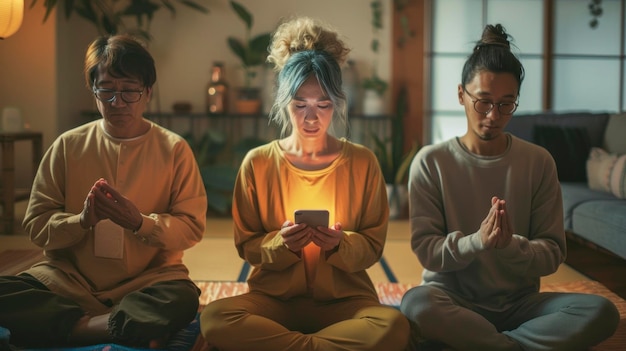 A diverse team of employees participating in a virtual wellness session using a mobile app. The app displays personalized health metrics and offers various wellness activities, showcasing the integration of technology in employee wellness programs.