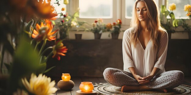 An employee meditating in a quiet, sunlit room at work. The atmosphere is calm and serene, with plants and soft colors creating a relaxing environment. A caption reads 