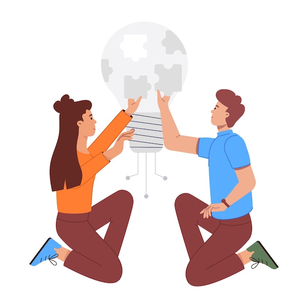 A infographic with a man and woman sitting side by side. The man is looking sad, while the woman is supporting/ helping. There is a lightbulb to represent a bright idea.
