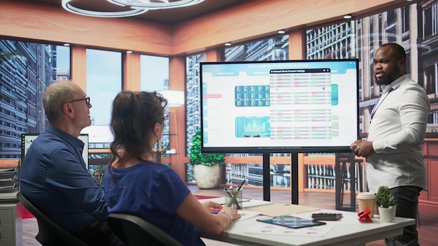 A diverse group of employees looking at a digital display screen showing different benefits options with informational graphics.