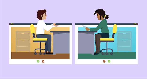 A split screen showing employees happily working remotely - one in a home office with ergonomic setup and the other in a cafe with laptop.