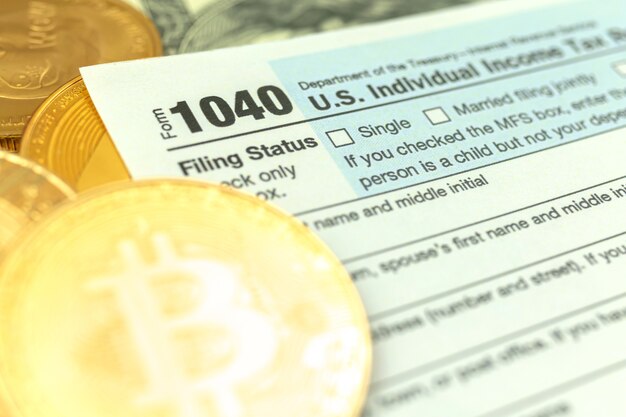 A detailed close-up of an IRS tax form, with sections highlighted that are relevant to cryptocurrency reporting. The image should convey a sense of precision and attention to detail.