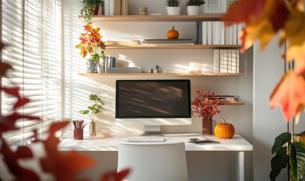 A well-organized home office setup with a desk, computer, filing cabinet, and bookshelves. Natural light is coming in from a window, creating a productive and comfortable workspace.