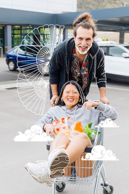 A split-screen image showing two contrasting scenarios: on one side, a family happily shopping with low credit card interest rates; on the other side, a worried person looking at bills with rising interest rates.