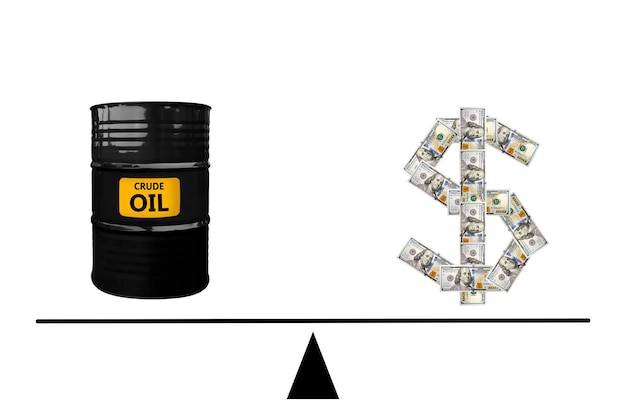 A split image comparing the price of a barrel of oil priced in a stronger and a weaker US dollar on a digital board, with arrows indicating the buying power for different countries based on the dollar's strength.