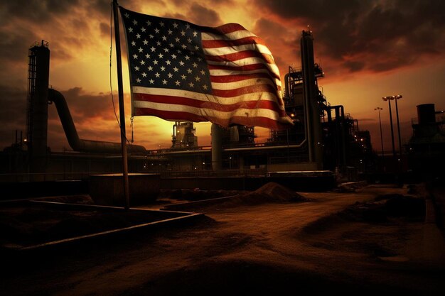 A factory with American flags near an industrial area. The image contains trucks, trains and machinery. The sky is clear and there is sunlight and smoke particles.