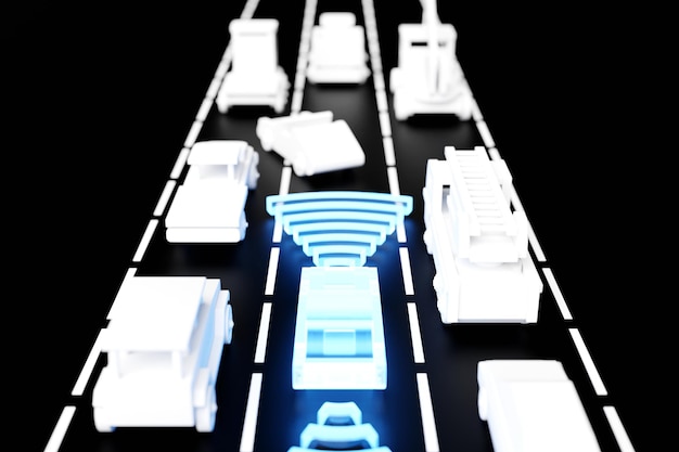 A digital rendering of a self-driving truck on a highway, emphasizing the advanced sensors and technology that enable autonomous navigation. Other cars are visible in the background, driven by humans.