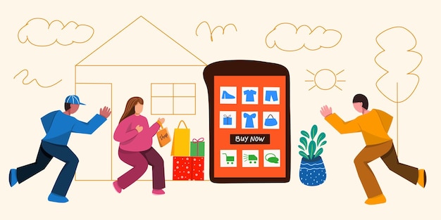 An illustration depicting the rapid growth of e-commerce and online shopping during the COVID-19 pandemic, with people using various devices to make purchases from home.