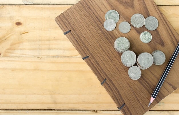 A stack of coins and dollar bills organized neatly on a wooden surface next to a calculator and a notebook, symbolizing the accumulation of savings for an emergency fund.