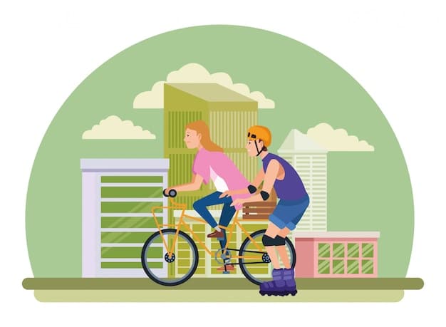 A person filling up their bicycle tires with air in front of an apartment building, suggesting eco-friendly transportation and outdoor activity.