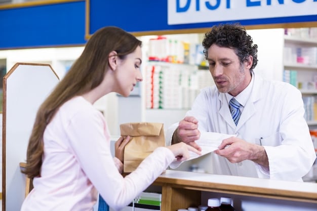A pharmacist handing a prescription to a customer, with a sign advertising generic drug options and pharmacy savings programs in the background. The scene is set in a pharmacy, emphasizing the availability of cost-saving options for prescription medications.