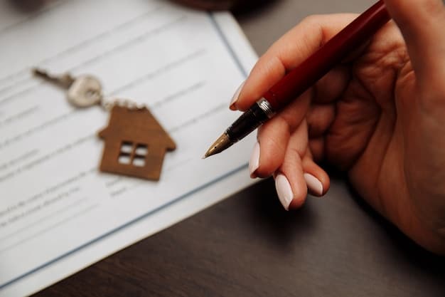 A close-up of a hand signing a mortgage refinancing document with a pen. The document is partially visible, showing terms and conditions related to interest rates and repayment schedules.