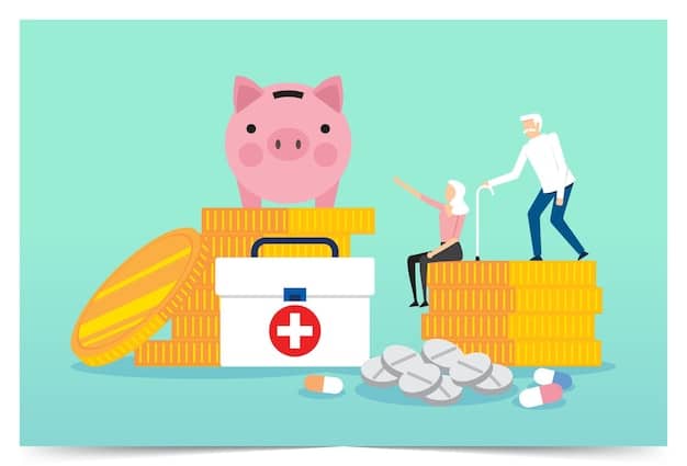 A person depositing money into a piggy bank with a health symbol on it, surrounded by tax forms and medical bills. The image conveys the concept of saving on healthcare costs through strategic financial planning.
