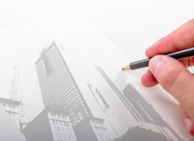A close-up of a hand holding a pen and signing a real estate contract against a backdrop of architectural blueprints and financial charts.