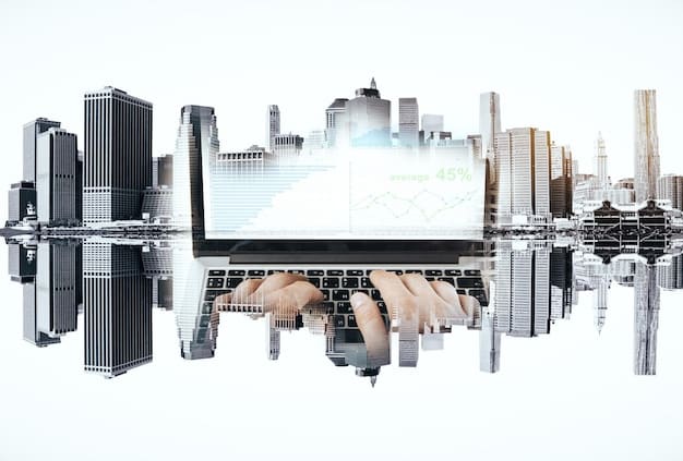 A digital display showing graphs and charts related to real estate market trends, overlaid with images of residential and commercial buildings.