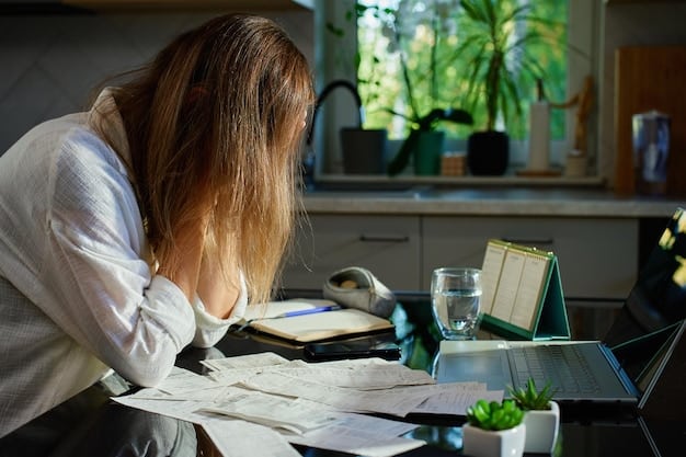 An employee looking stressed while reviewing bills at their desk, contrasting with a peaceful scene of someone meditating on financial goals.