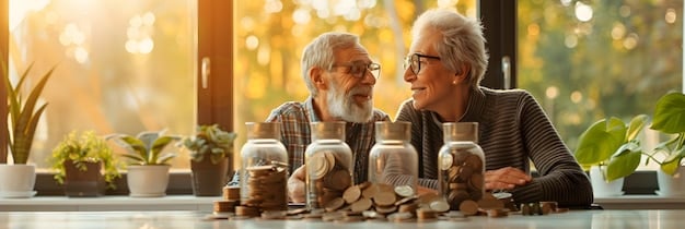 A stack of coins gradually increasing in height, symbolizing growth in retirement savings over time. The background is a blurred image of a happy elderly couple.