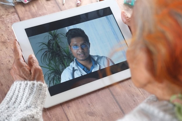 A doctor is conducting a video consultation with a patient, using a tablet in a well-lit and professional setting. The patient appears to be comfortable and engaged, demonstrating the personalized and accessible nature of telemedicine.