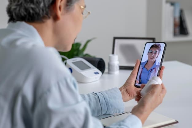 An employee is shown using a smartphone to conduct a telemedicine consultation in a quiet office setting. He appears relaxed and focused, emphasizing the ease and convenience of accessing healthcare remotely during work hours.