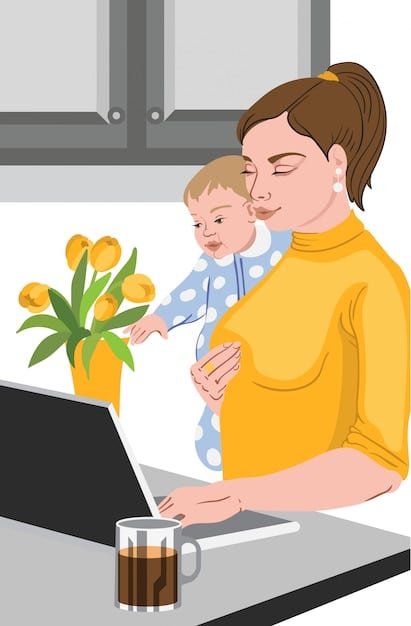 A mother holding a newborn baby while working from home, illustrating the benefit of paid family leave for new parents.