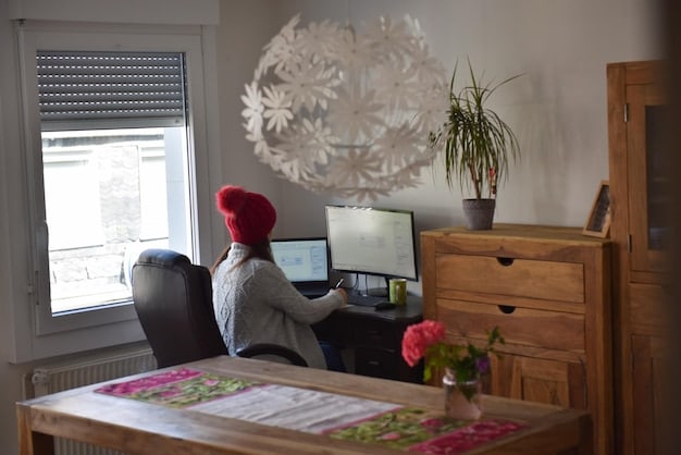 A remote worker is shown comfortably working from their home office, with a well-organized desk, ergonomic chair, and multiple monitors. The setting is bright and airy, emphasizing the importance of a comfortable and productive workspace. A small plant and personal touches add to the welcoming atmosphere of the office.