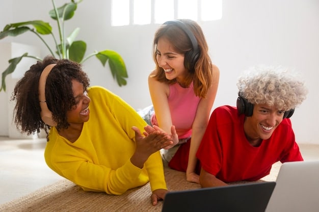 A woman is shown participating in a virtual team-building activity, laughing and interacting with colleagues on a video call. The scene is lighthearted and fun, emphasizing the importance of social connection and camaraderie in remote work environments.