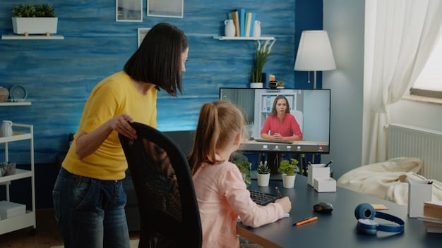 A working parent on a video call, with a child playing quietly nearby. The image highlights the challenges of balancing work and family responsibilities.