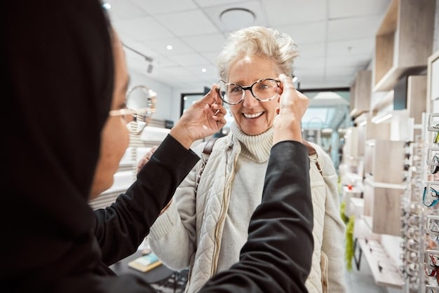 A person selecting eyeglass frames from a display in an optical store. The person is smiling slightly and appears to be carefully considering their options.