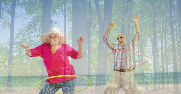 A split image showing a retirement scene with senior citizens enjoying leisure activities on one side, and an individual using assistive technology for the visually impaired on the other, illustrating the two groups eligible for the additional standard deduction.