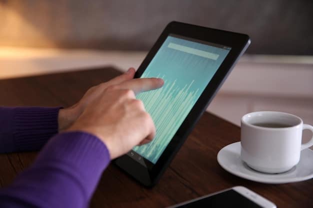 A close-up of a hand making a digital transaction on a tablet, showcasing the ease of contributing to a retirement account online. Graph lines indicating growth are subtly overlaid on the screen.