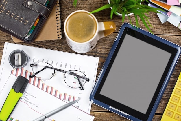 A well-organized desk with financial charts, graphs, and a tablet showing investment performance, emphasizing smart investment strategy.