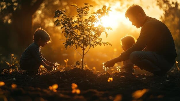 A family planting a tree together, symbolizing growth, legacy, and the transfer of wealth across generations. The image is warm and inviting, emphasizing family harmony.