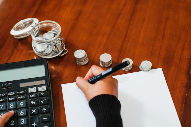 A close-up of a hand filling out a tax form with a pen, with various tax documents spread across a desk. The setting suggests a focus on tax preparation and financial planning