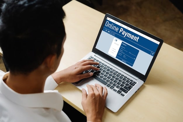 A person making a tax payment online using a laptop. The screen shows the IRS website page for making payments, and the person is entering their bank details.