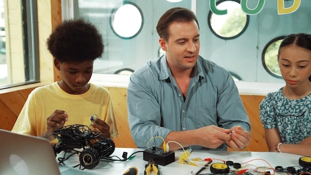 A photo of a community college classroom in the US, with students of diverse ages and backgrounds learning about robotics and automation. The atmosphere should be positive and encouraging.