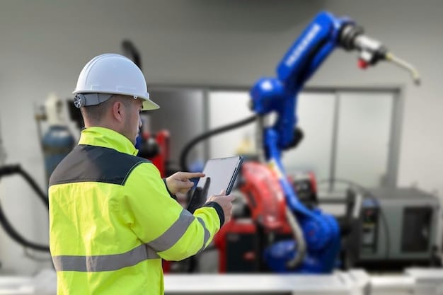 A worker using a tablet to monitor and control automated manufacturing processes, illustrating the human-machine collaboration in advanced US manufacturing.