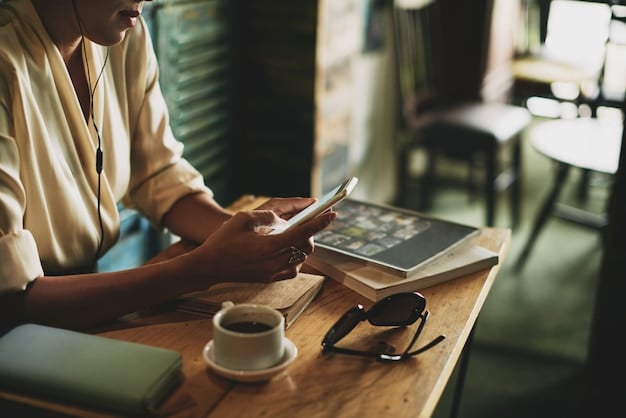 A person using a budgeting app on their smartphone while sitting at a cafe. The app displays various categories of expenses, such as housing, food, transportation, and entertainment. There's a cup of coffee on the table, and the overall scene represents managing personal finances on the go.