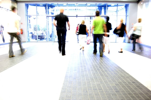 A split image contrasting a bustling shopping mall with few customers on one side and a quiet scene of people using their laptops to manage savings accounts on the other.