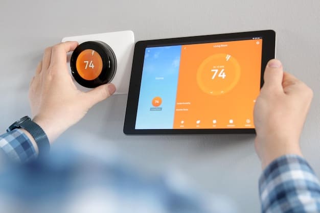 A close-up image of a smart thermostat displaying energy usage graphs, with a hand adjusting the settings. The background shows a modern living room with energy-efficient lighting. This image highlights the link between technology and energy savings.