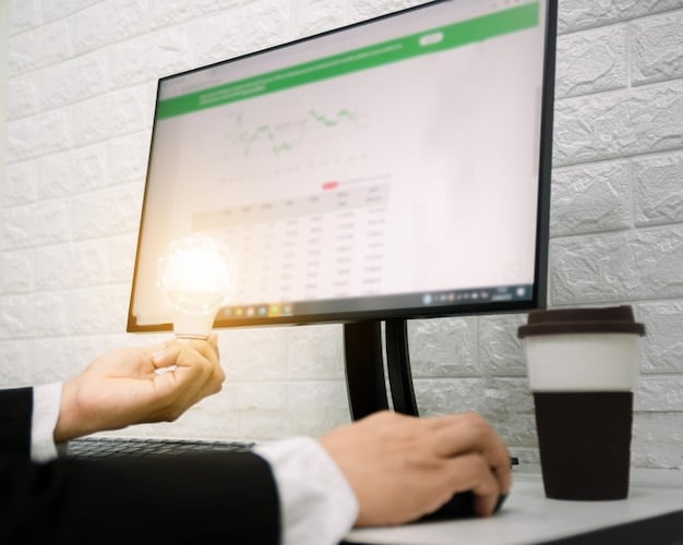 A close-up shot of a hand pointing at a screen displaying stock prices and graphs, emphasizing the importance of market timing in ESPPs.