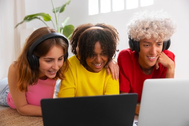 A group of diverse students in a classroom, all engaged with laptops and learning online. The background features modern classroom design and technology, symbolizing enhanced educational opportunities through broadband expansion.