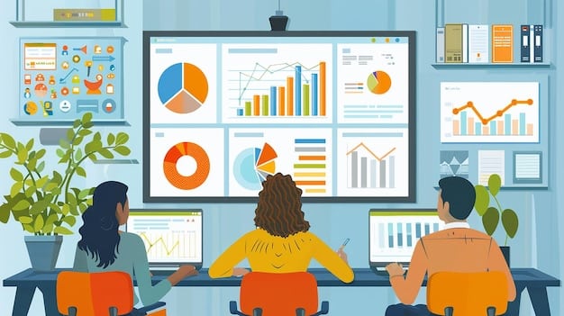 An individual is depicted researching employee benefits on a laptop, with charts and graphs visible on the screen, illustrating the process of gathering market data.