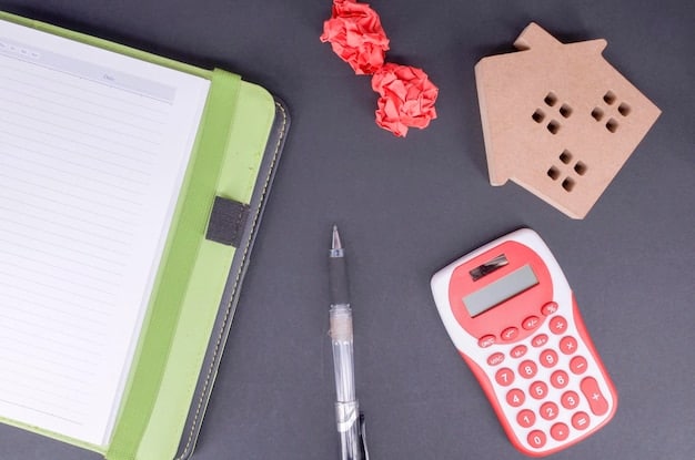 A close-up photo of tax forms with the mortgage interest document highlighted. Pens, a calculator, and a cup are also in the composition setting. The goal is to convey detailed focus while preparing taxes.